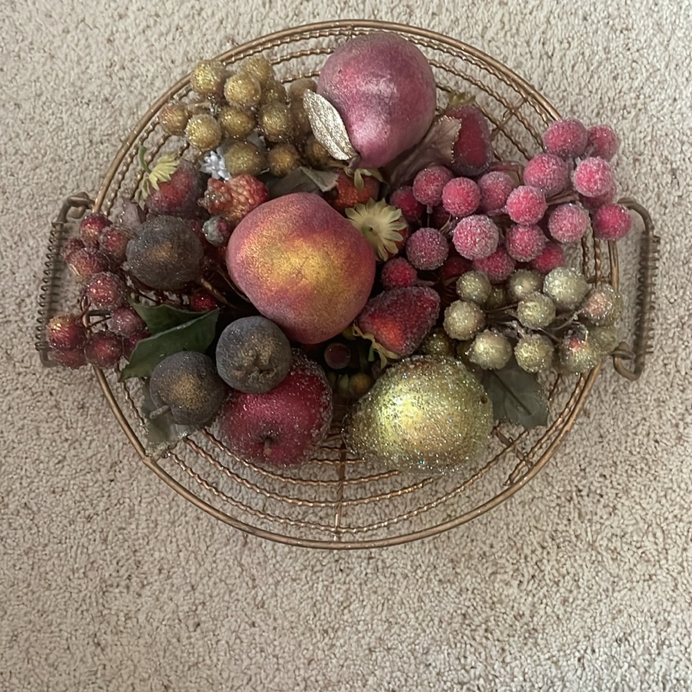 Sparkly Fruit with 12 1/2” round Sparkly Gold Metal Base
